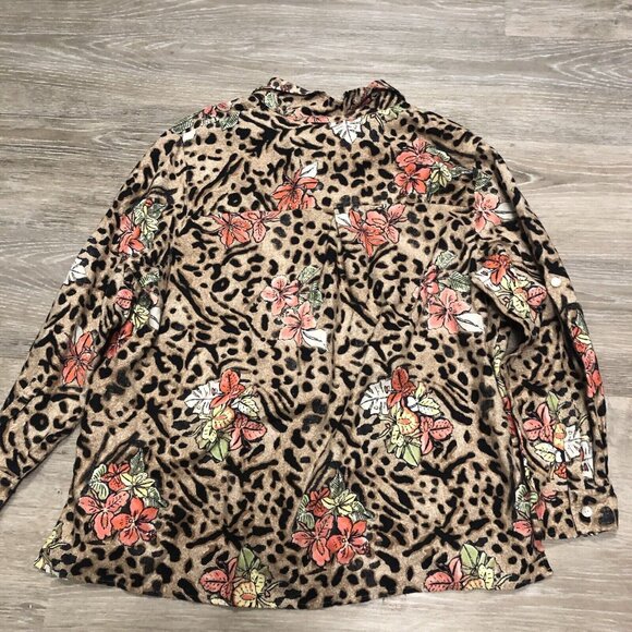 Vintage Studio Works Womens Size 2X Linen Cheetah Floral Button‎ Up Shirt Blouse - Picture 5 of 5